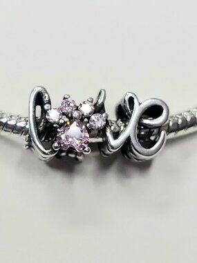 New For Pandora Charm Bracelets Dog Paw Cat Paw LOVE Silver With Pink Crystals